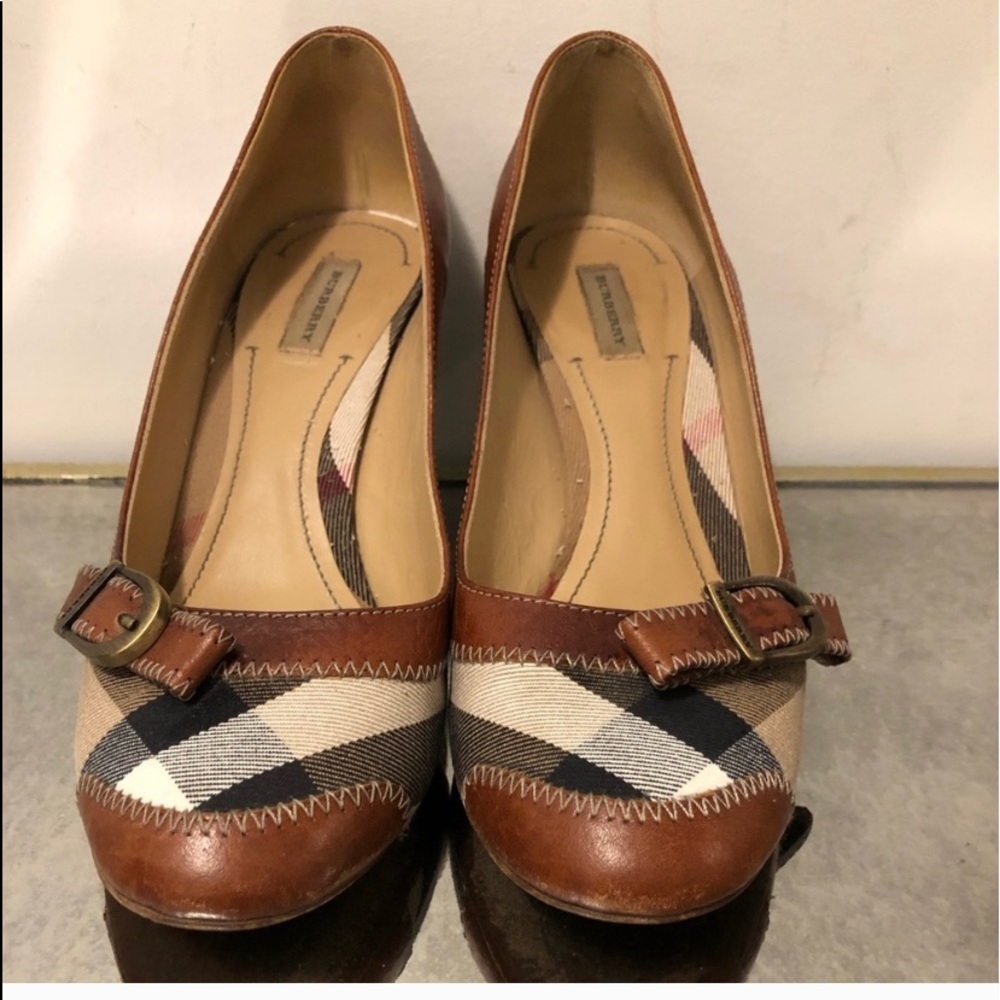 Burberry Brown Leather & Check Print Heels